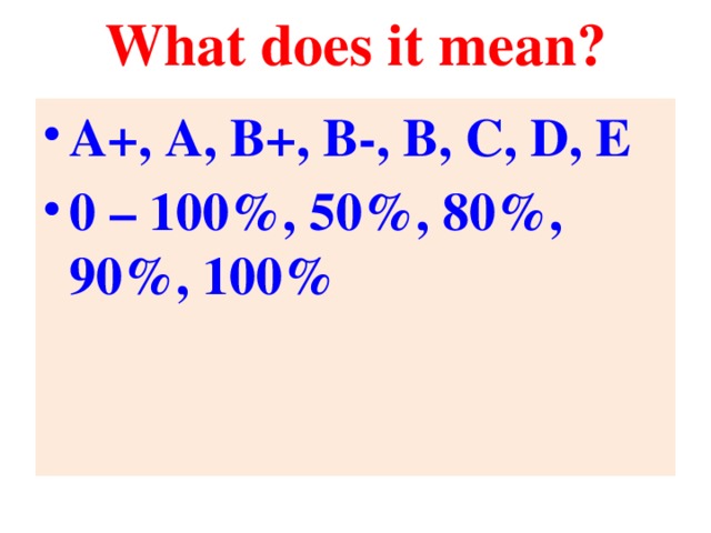 What does it mean?   A+, A, B+, B-, B, C, D, E 0 – 100%, 50%, 80%, 90%, 100%
