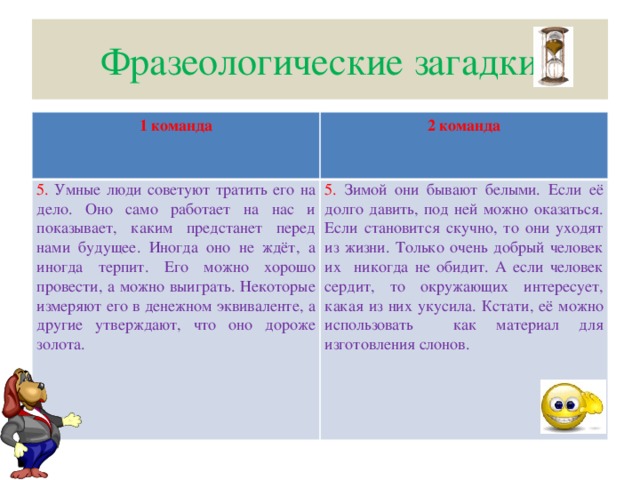 Фразеологические загадки 1 команда  2 команда 5. Умные люди советуют тратить его на дело. Оно само работает на нас и показывает, каким предстанет перед нами будущее. Иногда оно не ждёт, а иногда терпит. Его можно хорошо провести, а можно выиграть. Некоторые измеряют его в денежном эквиваленте, а другие утверждают, что оно дороже золота. 5. Зимой они бывают белыми. Если её долго давить, под ней можно оказаться. Если становится скучно, то они уходят из жизни. Только очень добрый человек их никогда не обидит. А если человек сердит, то окружающих интересует, какая из них укусила. Кстати, её можно использовать как материал для изготовления слонов.