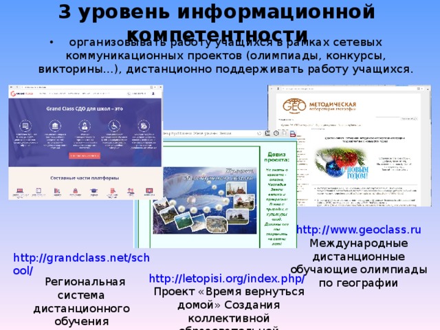 3 уровень информационной компетентности   организовывать работу учащихся в рамках сетевых коммуникационных проектов (олимпиады, конкурсы, викторины…), дистанционно поддерживать работу учащихся. http://www.geoclass.ru Международные дистанционные обучающие олимпиады по географии http://grandclass.net/school/   Региональная система дистанционного обучения http://letopisi.org/index.php/  Проект « Время вернуться домой» Создания коллективной образовательной энциклопедии