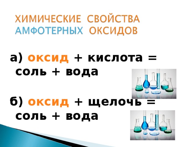 а) оксид + кислота = соль + вода  б) оксид + щелочь = соль + вода