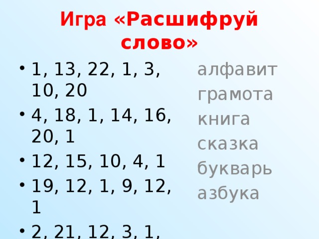 Игра «Расшифруй слово» 1, 13, 22, 1, 3, 10, 20 4, 18, 1, 14, 16, 20, 1 12, 15, 10, 4, 1 19, 12, 1, 9, 12, 1 2, 21, 12, 3, 1, 18, 30 1, 9, 2, 21, 12, 1 алфавит грамота книга сказка букварь азбука