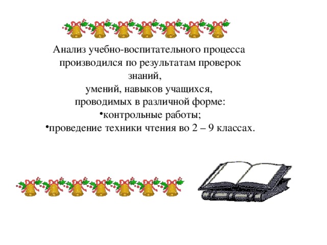 Анализ учебно-воспитательного процесса производился по результатам проверок знаний, умений, навыков учащихся, проводимых в различной форме: