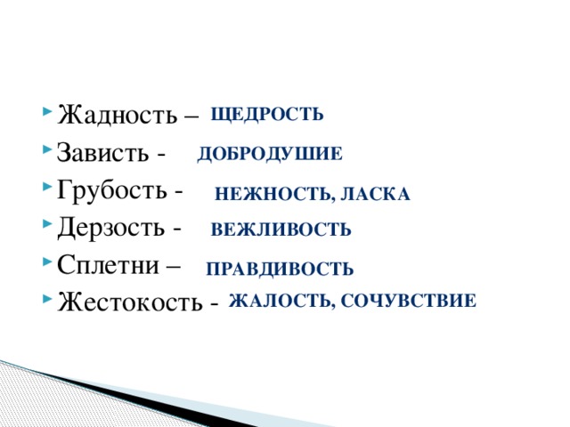 щедрость Жадность – Зависть - Грубость - Дерзость - Сплетни – Жестокость - добродушие Нежность, ласка вежливость правдивость Жалость, сочувствие