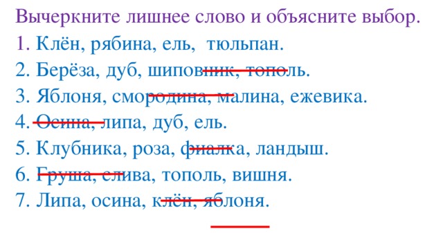 Вычеркните лишнее слово и объясните выбор. 1. Клён, рябина, ель, тюльпан. 2. Берёза, дуб, шиповник, тополь. 3. Яблоня, смородина, малина, ежевика. 4. Осина, липа, дуб, ель. 5. Клубника, роза, фиалка, ландыш. 6. Груша, слива, тополь, вишня. 7. Липа, осина, клён, яблоня.