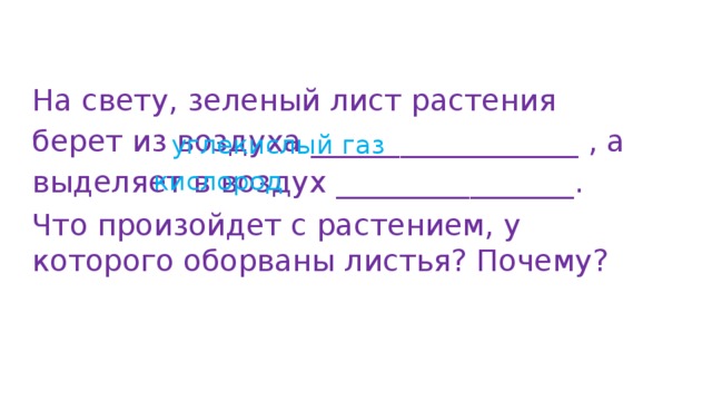 На свету, зеленый лист растения берет из воздуха __________________ , а выделяет в воздух ________________. Что произойдет с растением, у которого оборваны листья? Почему? углекислый газ кислород