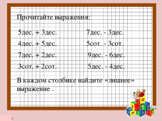 Прочитайте  выражения: 5дес. + 3дес. 7дес. - 3дес. 4дес. + 5дес. 5сот. - 3сот. 7дес. + 2дес. 9дес. - 6дес. 3сот. + 2сот. 5дес. - 4дес. В каждом столбике найдите « лишнее » выражение .