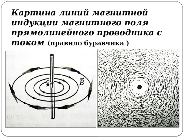Картина линий магнитной индукции магнитного поля прямолинейного проводника с током (правило буравчика )