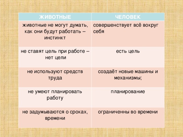 ЖИВОТНЫЕ ЧЕЛОВЕК животные не могут думать, как они будут работать – инстинкт совершенствует всё вокруг себя не ставят цель при работе –  нет цели есть цель не используют средств труда создаёт новые машины и механизмы; не умеют планировать работу планирование не задумываются о сроках, времени ограниченны во времени