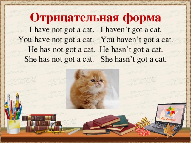 Отрицательная форма  I have not got a cat. I haven’t got a cat.  You have not got a cat. You haven’t got a cat.  He has not got a cat. He hasn’t got a cat.  She has not got a cat. She hasn’t got a cat.
