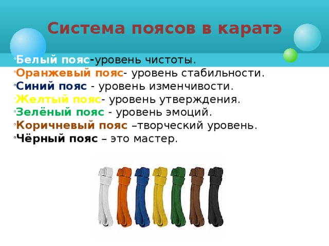 Система поясов в каратэ Белый пояс - уровень чистоты. Оранжевый пояс - уровень стабильности. Синий пояс - уровень изменчивости. Желтый пояс -  уровень утверждения. Зелёный пояс - уровень эмоций. Коричневый пояс –творческий уровень. Чёрный пояс – это мастер.