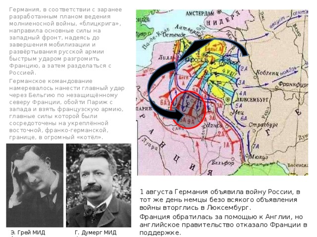 Германия, в соответствии с заранее разработанным планом ведения молниеносной войны, «блицкрига», направила основные силы на западный фронт, надеясь до завершения мобилизации и развёртывания русской армии быстрым ударом разгромить Францию, а затем разделаться с Россией. Германское командование намеревалось нанести главный удар через Бельгию по незащищённому северу Франции, обойти Париж с запада и взять французскую армию, главные силы которой были сосредоточены на укреплённой восточной, франко-германской, границе, в огромный «котёл». 1 августа Германия объявила войну России, в тот же день немцы безо всякого объявления войны вторглись в Люксембург. Франция обратилась за помощью к Англии, но английское правительство отказало Франции в поддержке. Э. Грей МИД Англии Г. Думерг МИД Франции