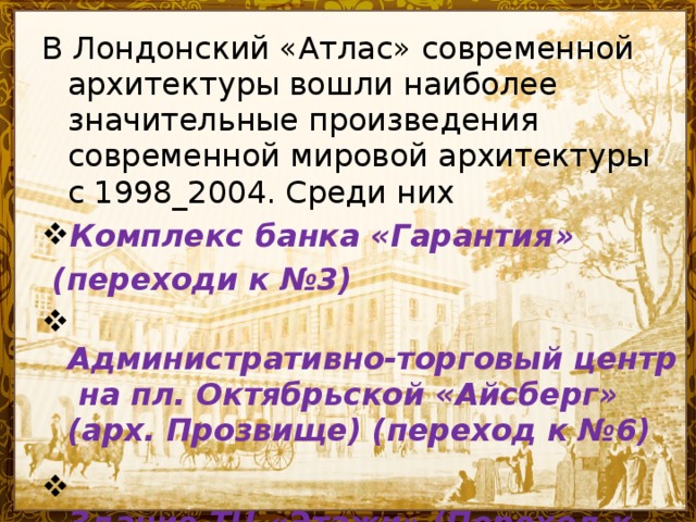 В Лондонский «Атлас» современной архитектуры вошли наиболее значительные произведения современной мировой архитектуры с 1998_2004. Среди них Комплекс банка «Гарантия »  (переходи к №3)  Административно-торговый центр на пл. Октябрьской «Айсберг» (арх. Прозвище) (переход к №6)  Здание ТЦ «Этажи» (Переход к №11)