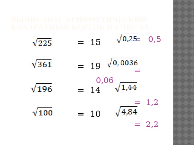 Вычислите арифметический квадратный корень из числа:  = 0,5  = 0,06  = 1,2  = 2,2  = 15  = 19  = 14  = 10