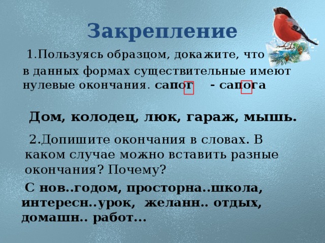 Закрепление  1.Пользуясь образцом, докажите, что в данных формах существительные имеют нулевые окончания. сапог - сапога  Дом, колодец, люк, гараж, мышь.  2.Допишите окончания в словах. В каком случае можно вставить разные окончания? Почему?  С нов..годом, просторна..школа, интересн..урок, желанн.. отдых, домашн.. работ...