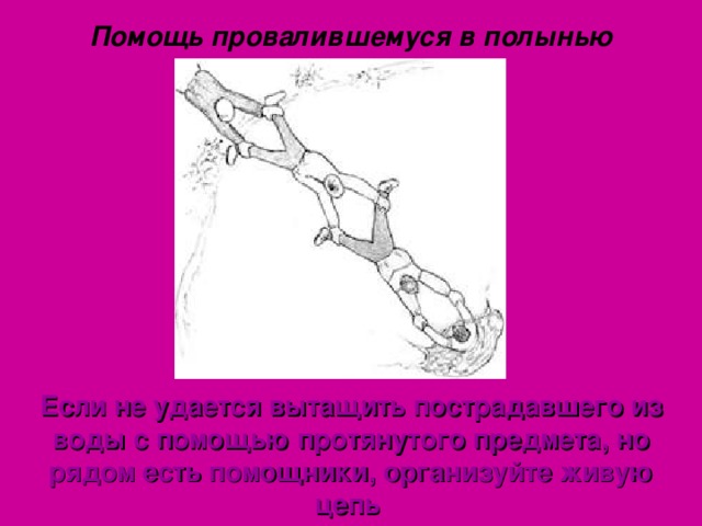 Помощь провалившемуся в полынью Если не удается вытащить пострадавшего из воды с помощью протянутого предмета, но рядом есть помощники, организуйте живую цепь