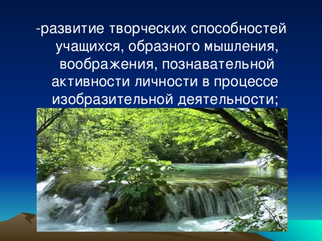 -развитие творческих способностей учащихся, образного мышления, воображения, познавательной активности личности в процессе изобразительной деятельности;