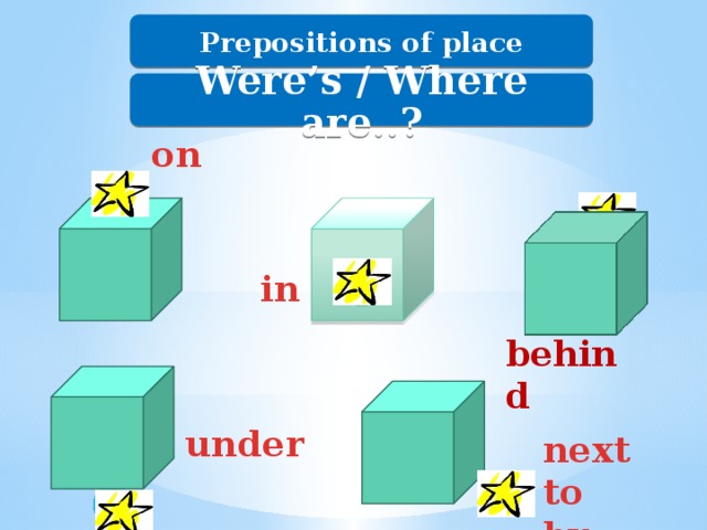 Prepositions of place Were’s / Where are..? on in behind  next to by under