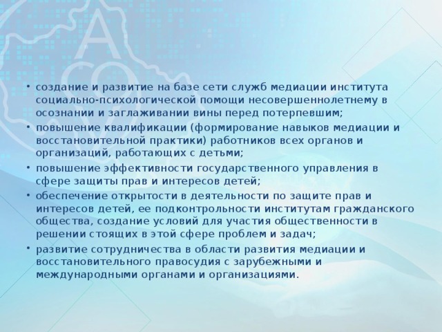 создание и развитие на базе сети служб медиации института социально-психологической помощи несовершеннолетнему в осознании и заглаживании вины перед потерпевшим; повышение квалификации (формирование навыков медиации и восстановительной практики) работников всех органов и организаций, работающих с детьми; повышение эффективности государственного управления в сфере защиты прав и интересов детей; обеспечение открытости в деятельности по защите прав и интересов детей, ее подконтрольности институтам гражданского общества, создание условий для участия общественности в решении стоящих в этой сфере проблем и задач; развитие сотрудничества в области развития медиации и восстановительного правосудия с зарубежными и международными органами и организациями.