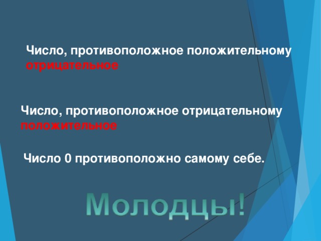 Число, противоположное положительному отрицательное Число, противоположное отрицательному положительное Число 0 противоположно самому себе.