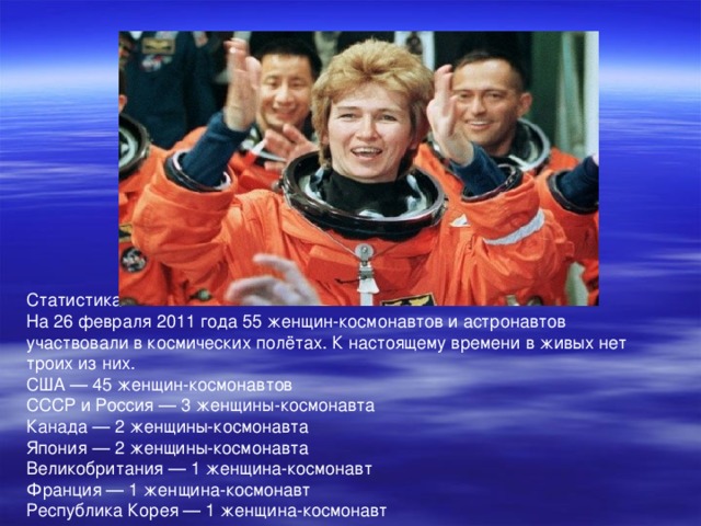 Статистика На 26 февраля 2011 года 55 женщин-космонавтов и астронавтов участвовали в космических полётах. К настоящему времени в живых нет троих из них. США — 45 женщин-космонавтов СССР и Россия — 3 женщины-космонавта Канада — 2 женщины-космонавта Япония — 2 женщины-космонавта Великобритания — 1 женщина-космонавт Франция — 1 женщина-космонавт Республика Корея — 1 женщина-космонавт