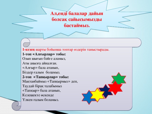 Ал,енді балалар дайын болсақ сайысымызды бастаймыз. 1-кезең шарты бойынша топтар өздерін таныстырады. 1-топ  « Алғырлар » тобы:  Озып шығып бәйге аламыз, Аты аңызға айналған. « Алғыр » бала атанып, Біздер ғалым боламыз. 2-топ « Тапқырлар » тобы: Мақтанбаймыз « Тапқырмыз » деп, Таудай бірақ талабымыз « Тапқыр » бала атанып, Келешекте өскенде Үлкен ғалым боламыз.