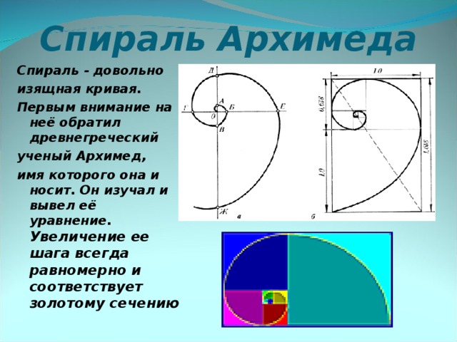Спираль Архимеда   Спираль - довольно изящная кривая. Первым внимание на неё обратил древнегреческий ученый Архимед, имя которого она и носит. Он изучал и вывел её уравнение. Увеличение ее шага всегда равномерно и соответствует золотому сечению