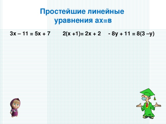 Простейшие линейные  уравнения ах=в 3х – 11 = 5х + 7 2(х +1)= 2х + 2 - 8у + 11 = 8(3 –у)