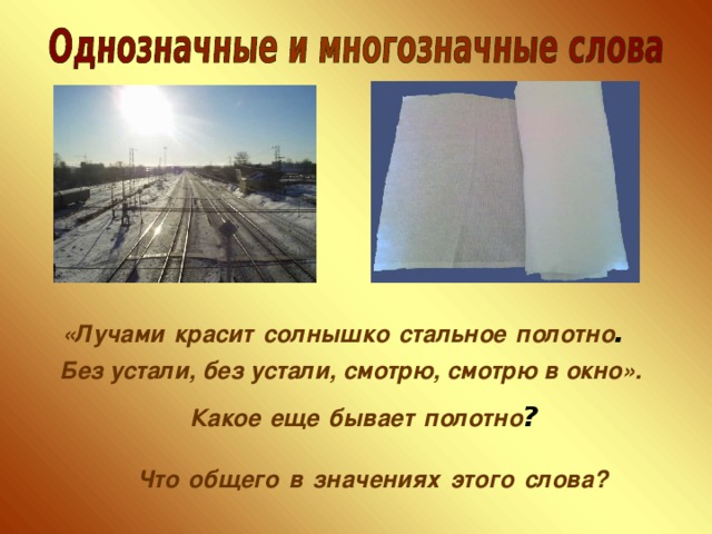 «Лучами  красит  солнышко  стальное  полотно . Без устали, без устали, смотрю, смотрю в окно». Какое  еще  бывает  полотно ? Что  общего  в  значениях  этого  слова? 4