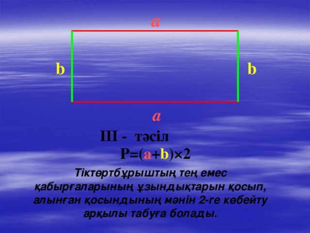 а  b b а  IІІ - тәсіл   P=( a + b ) ×2  Тіктөртбұрыштың тең емес қабырғаларының ұзындықтарын қосып, алынған қосындының мәнін 2-ге көбейту арқылы табуға болады.