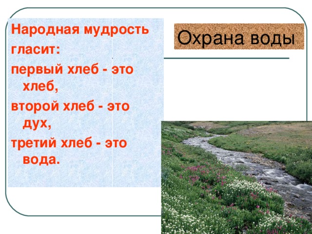 Народная мудрость гласит: первый хлеб - это хлеб, второй хлеб - это дух, третий хлеб - это вода. Охрана воды