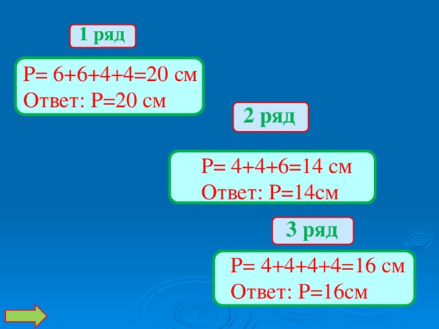 Р= 4+4+4+4=16 см Ответ: Р=16см 1 ряд Р= 6+6+4+4=20 см Ответ: Р=20 см 2 ряд Р= 4+4+6=14 см Ответ: Р=14см 3 ряд