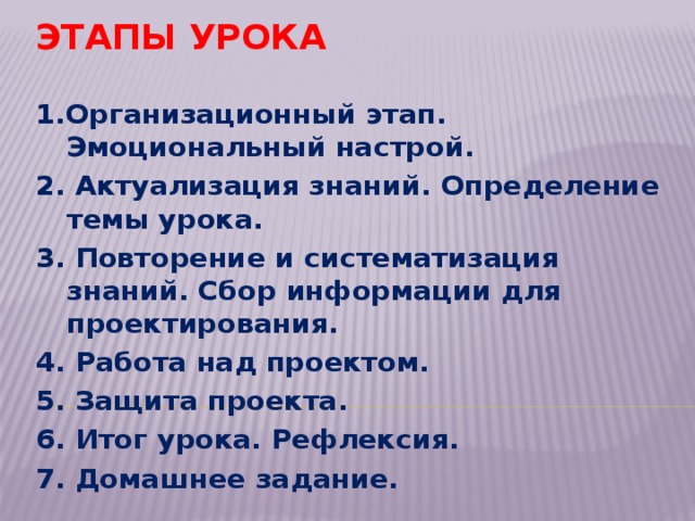 Этапы урока 1.Организационный этап. Эмоциональный настрой. 2. Актуализация знаний. Определение темы урока. 3. Повторение и систематизация знаний. Сбор информации для проектирования. 4. Работа над проектом. 5. Защита проекта. 6. Итог урока. Рефлексия. 7. Домашнее задание.