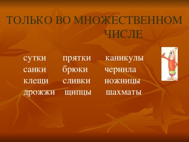 ТОЛЬКО ВО МНОЖЕСТВЕННОМ  ЧИСЛЕ сутки прятки каникулы санки брюки чернила клещи сливки    ножницы дрожжи щипцы шахматы