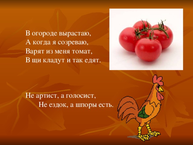 В огороде вырастаю, А когда я созреваю, Варят из меня томат, В щи кладут и так едят. Не артист, а голосист,  Не ездок, а шпоры есть.