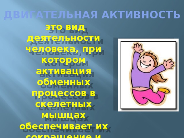 ДВИГАТЕЛЬНАЯ АКТИВНО СТЬ  это вид деятельности человека, при котором активация обменных процессов в скелетных мышцах обеспечивает их сокращение и перемещение человеческого тела или его частей в пространстве.