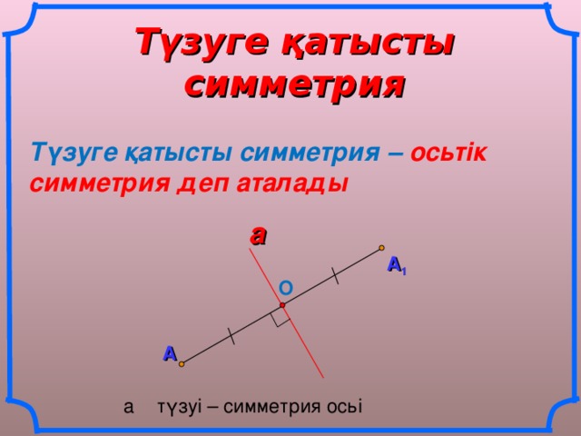 Түзуге қатысты симметрия Түзуге қатысты симметрия – осьтік симметрия деп аталады a А 1 О А а түзуі – симметрия осьі 11