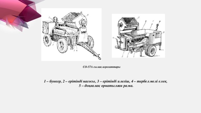 СО-57А сылақ агрегаттары 1 – бункер, 2 – ерітінді насосы, 3 – ерітінді илегіш, 4 – тербелмелі елек, 5 – доңғалақ орнатылған рама.