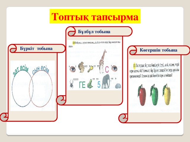 Топтық тапсырма   Бұлбұл тобына                 Бүркіт тобына                Көгершін тобына              Эфир