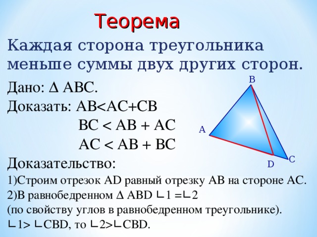 Сумма двух сторон любого треугольника равна. Теорема о неравенстве треугольника 7 класс доказательство. Неравенство треугольника теорема с доказательством. Теорема о неравенстве треугольника 7 класс. Теорема о неравенстве сторон треугольника с доказательством.