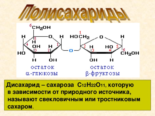 Дисахарид – сахароза С 12 Н 22 О 11, которую  в зависимости от природного источника,  называют свекловичным или тростниковым  сахаром .