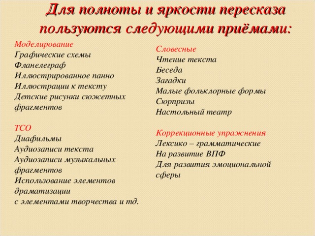 Для полноты и яркости пересказа пользуются следующими приёмами: Моделирование Графические схемы Фланелеграф Иллюстрированное панно Иллюстрации к тексту Детские рисунки сюжетных фрагментов  ТСО Диафильмы Аудиозаписи текста Аудиозаписи музыкальных фрагментов Использование элементов драматизации с элементами творчества и тд.  Словесные Чтение текста Беседа Загадки Малые фольклорные формы Сюрпризы Настольный театр  Коррекционные упражнения Лексико – грамматические На развитие ВПФ Для развития эмоциональной сферы