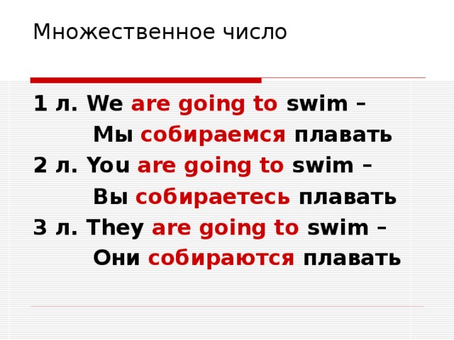 Множественное число 1 л. We are going to swim –  Мы собираемся плавать 2 л. You are going to swim –   Вы собираетесь плавать 3 л. They are going to swim –   Они собираются плавать