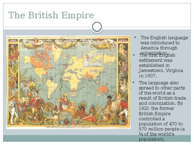 The British Empire The English language was introduced to America through colonization. The first English settlement was established in Jamestown, Virginia in 1607. x
