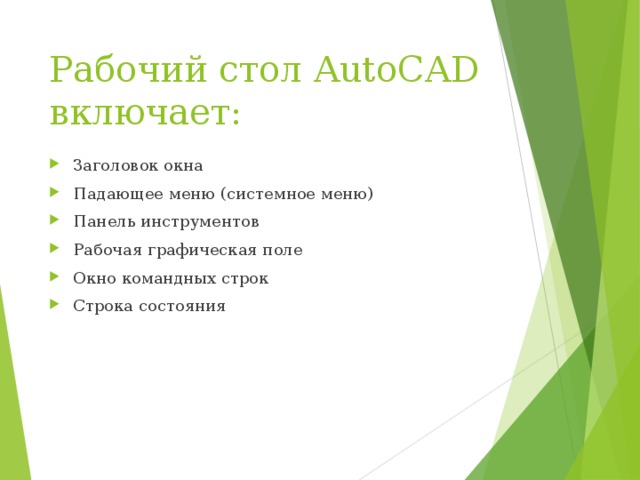 Рабочий стол AutoCAD включает: