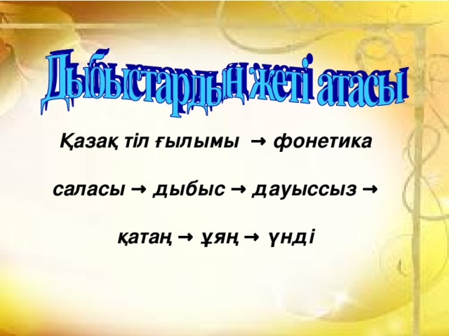 Қазақ тіл ғылымы → фонетика   саласы → дыбыс → дауыссыз →  қатаң → ұяң → үнді