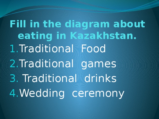 Fill in the diagram about eating in Kazakhstan.