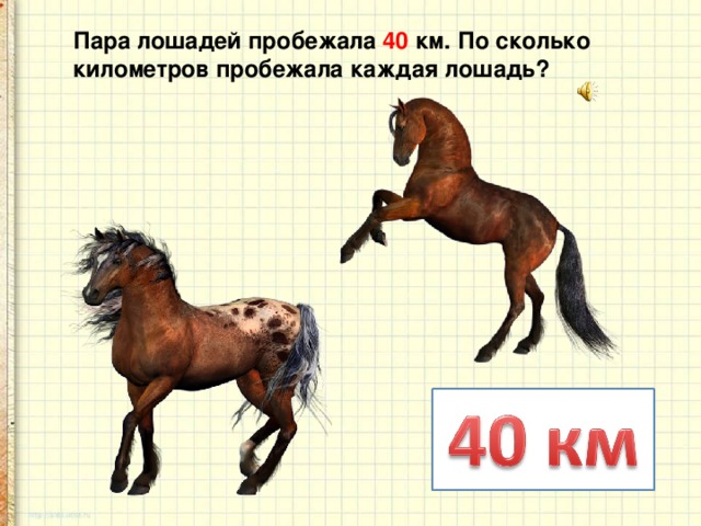 Пара лошадей пробежала 40 км. По сколько километров пробежала каждая лошадь?
