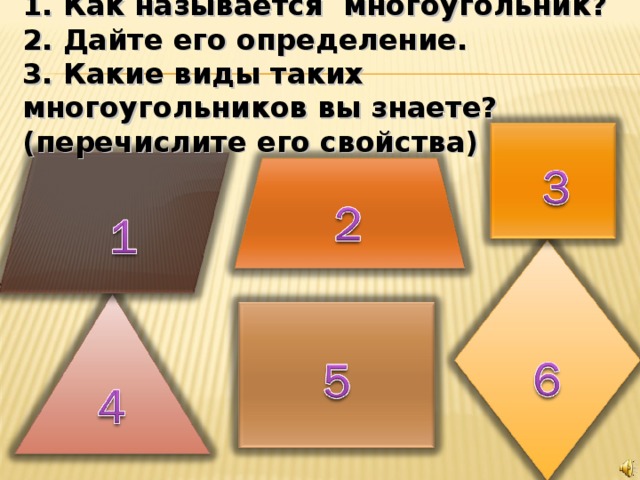 1. Как называется многоугольник?  2. Дайте его определение.  3. Какие виды таких многоугольников вы знаете? (перечислите его свойства)