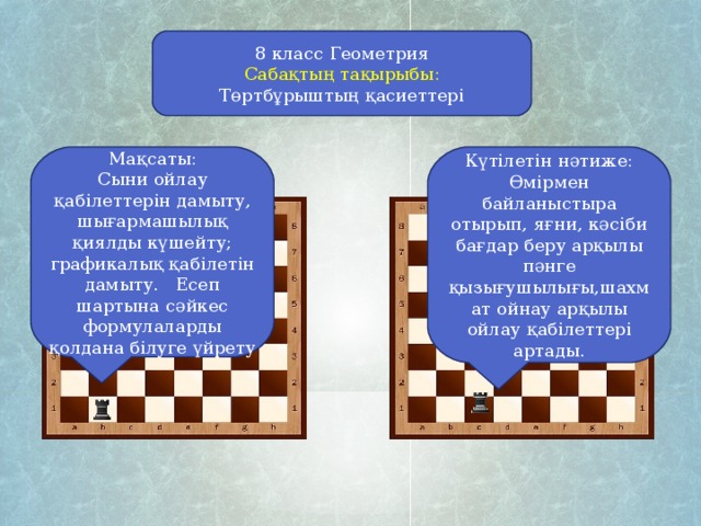 8 класс Геометрия Сабақтың тақырыбы: Төртбұрыштың қасиеттері Мақсаты: Сыни ойлау қабілеттерін дамыту, шығармашылық қиялды күшейту; графикалық қабілетін дамыту. Есеп шартына сәйкес формулаларды қолдана білуге үйрету Күтілетін нәтиже: Өмірмен байланыстыра отырып, яғни, кәсіби бағдар беру арқылы пәнге қызығушылығы,шахмат ойнау арқылы ойлау қабілеттері артады.