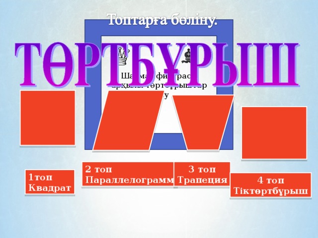 Шахмат фигурасы арқылы төртбұрыштар сызу 2 топ Параллелограмм 3 топ Трапеция 1топ Квадрат 4 топ Тіктөртбұрыш